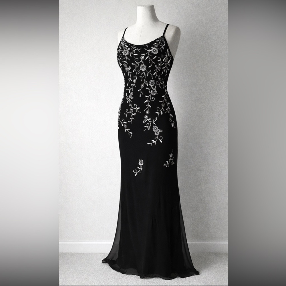 Vintage Scala Silk Beaded Maxi Dress Black Floral Embroidered Evening Gown 90s S